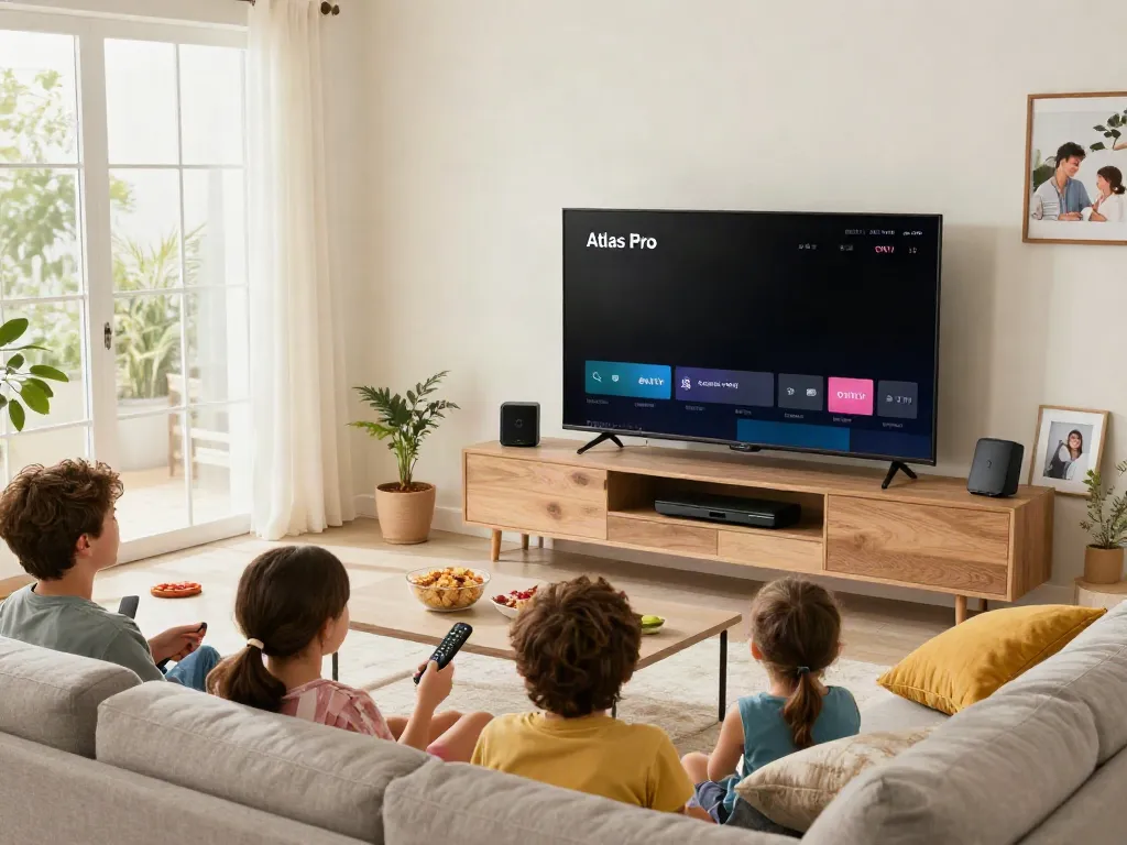 La famille profitant d'Atlas Pro ONTV dans un salon lumineux avec un grand téléviseur.