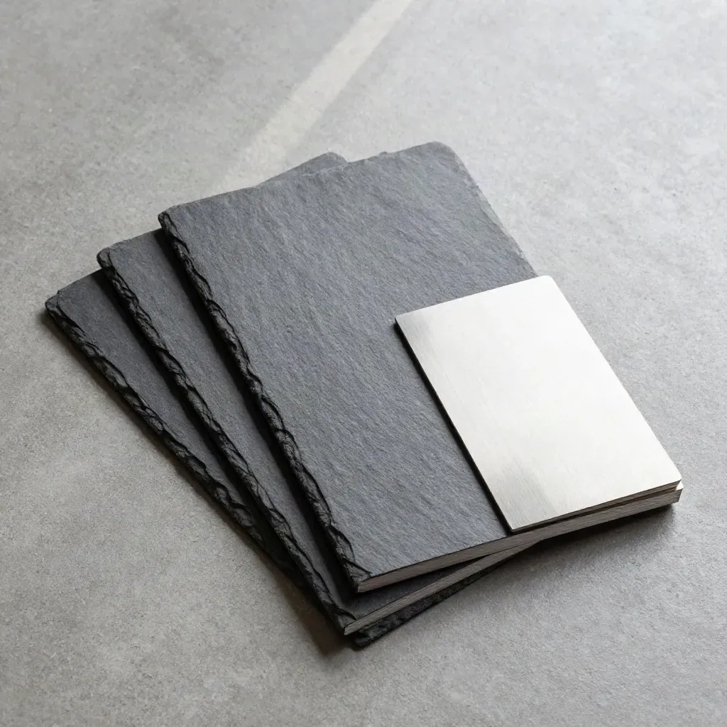 Vue zénithale d’un rapport hebdo auto en panneaux fins sur béton, aligné en V.