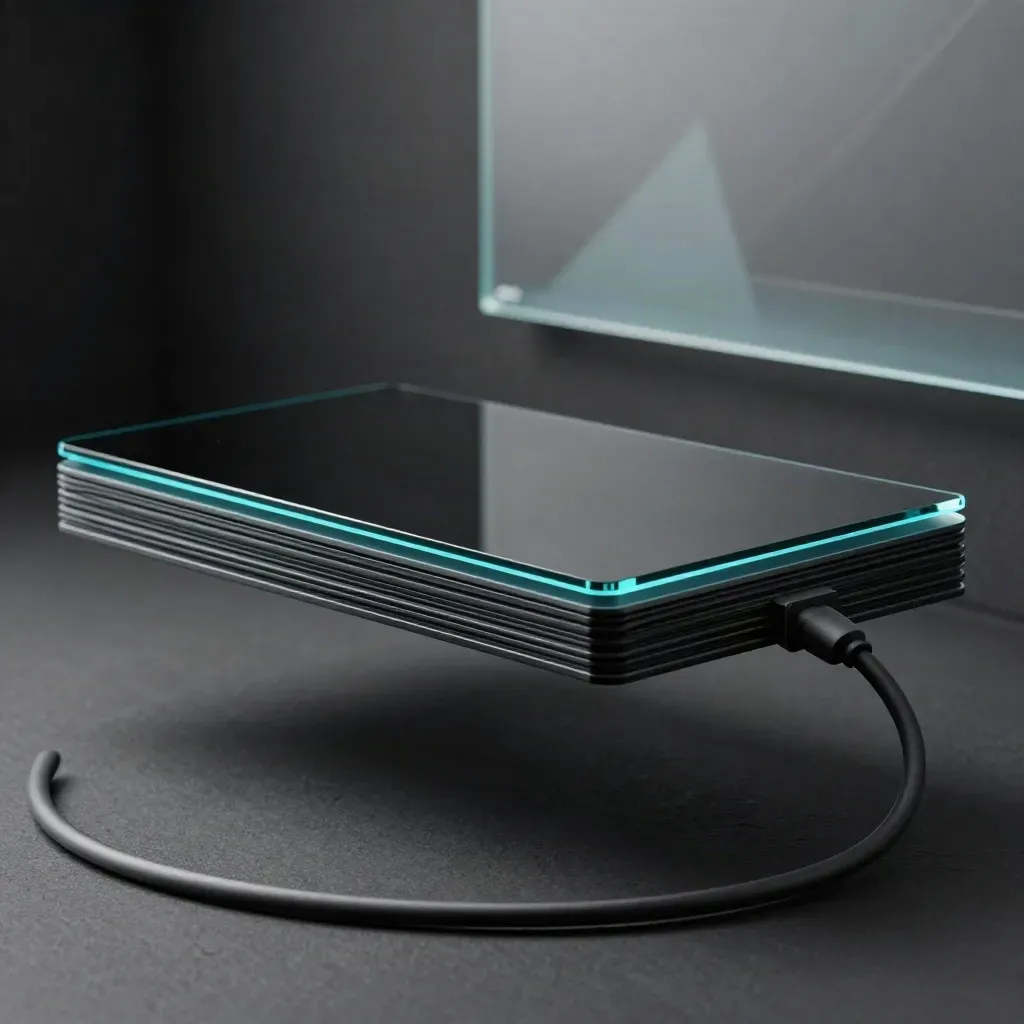 Tableau marketing en verre noir, cartes neutres, câble court et halo cyan sur fond sombre.