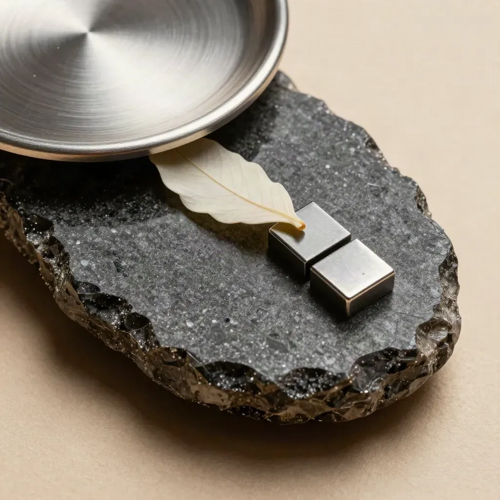 Gros plan d'une dalle minérale sombre avec coupelle métallique, feuille plissée et module connecté.