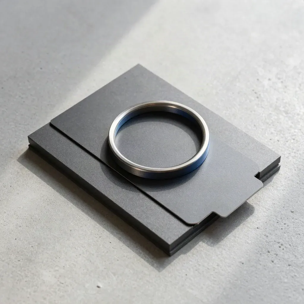 Vue zénithale d’un pack e-commerce en plaques graphite, anneau métal et carte vierge sur béton.
