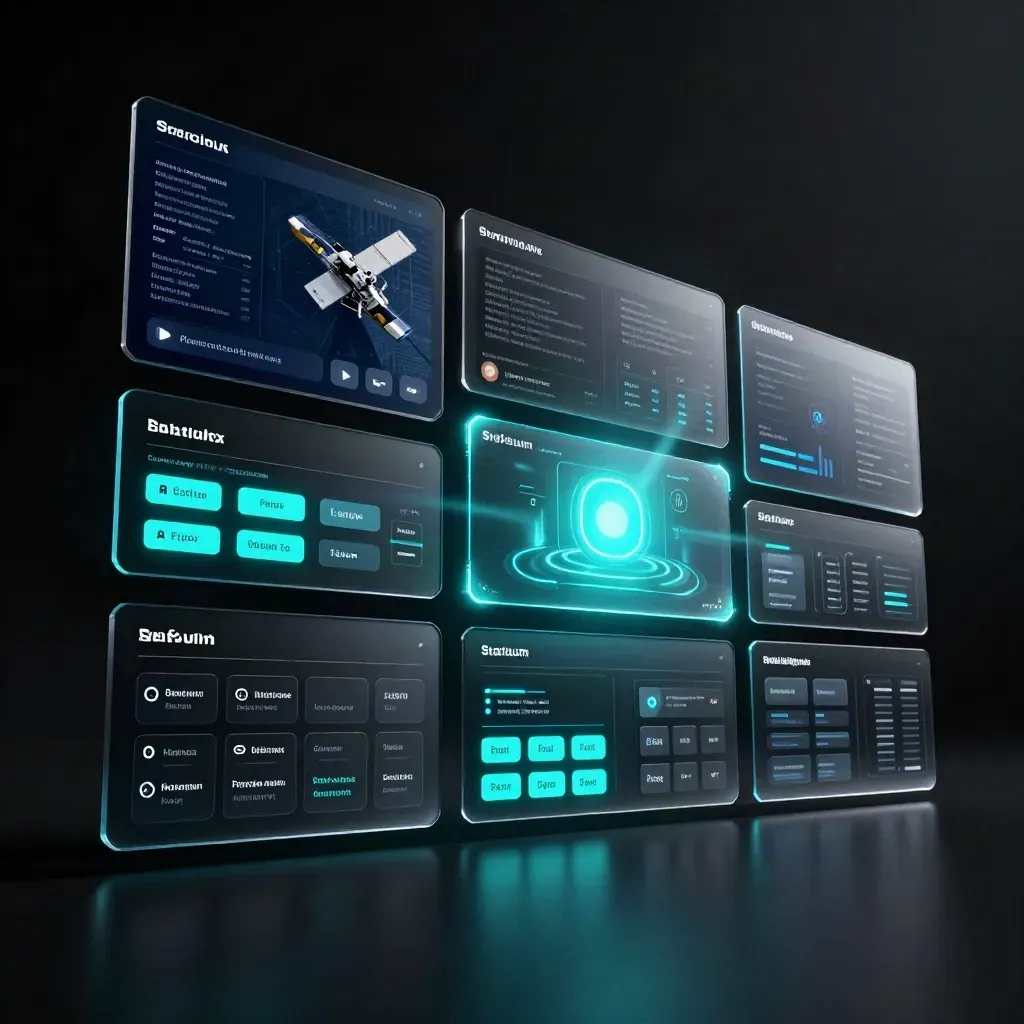 Modules lumineux cyan d’un pack direction Statium sur fond noir dramatique.