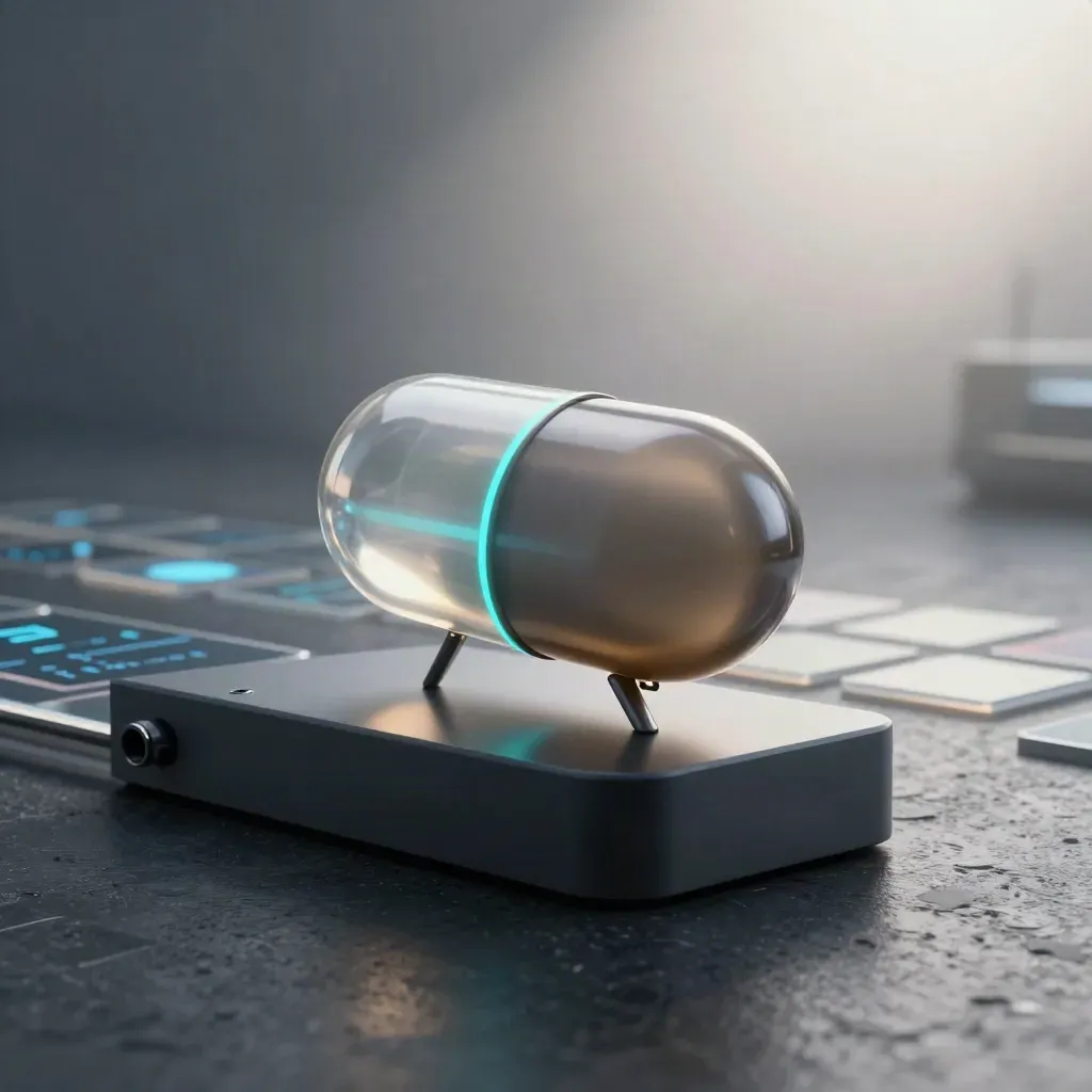 Capsule lumineuse d’alertes avec deux satellites fins sur socle sombre, halo cyan.