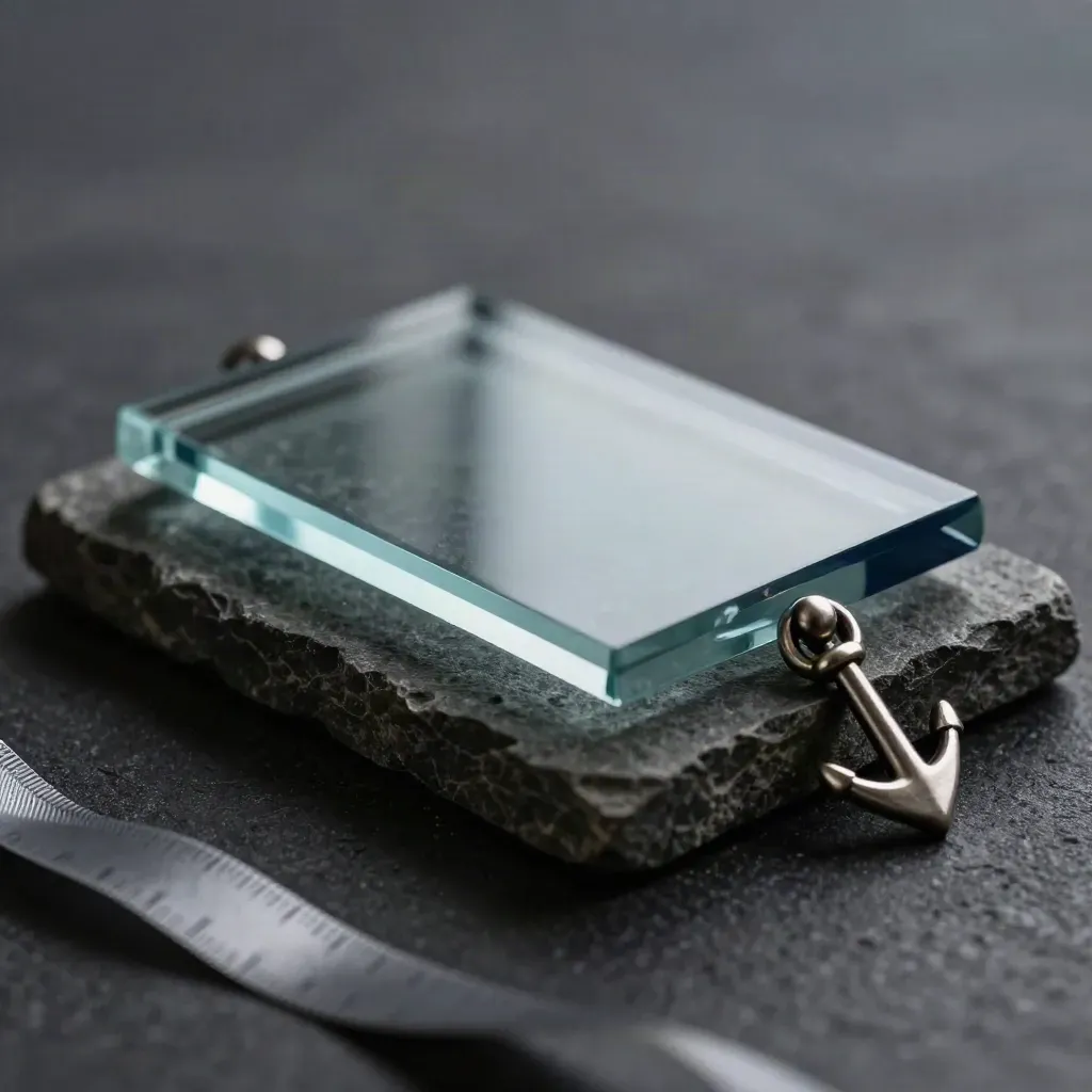 Gros plan d’une plaque de verre fumé sur base de pierre sombre avec accent métallique.