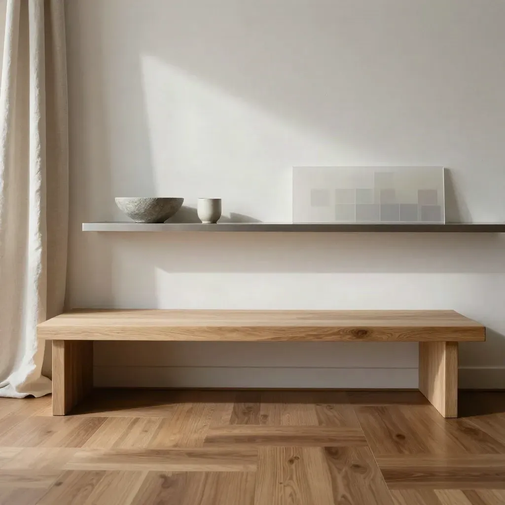 Salon atelier lumineux, banc en bois clair, mur minéral et rideau de lin, grande zone calme pour le titre.