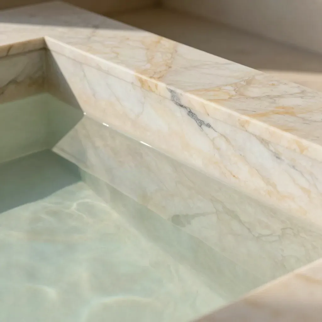 Grand marbre crème strié avec vasque basse, lumière de midi et espace calme pour le texte.