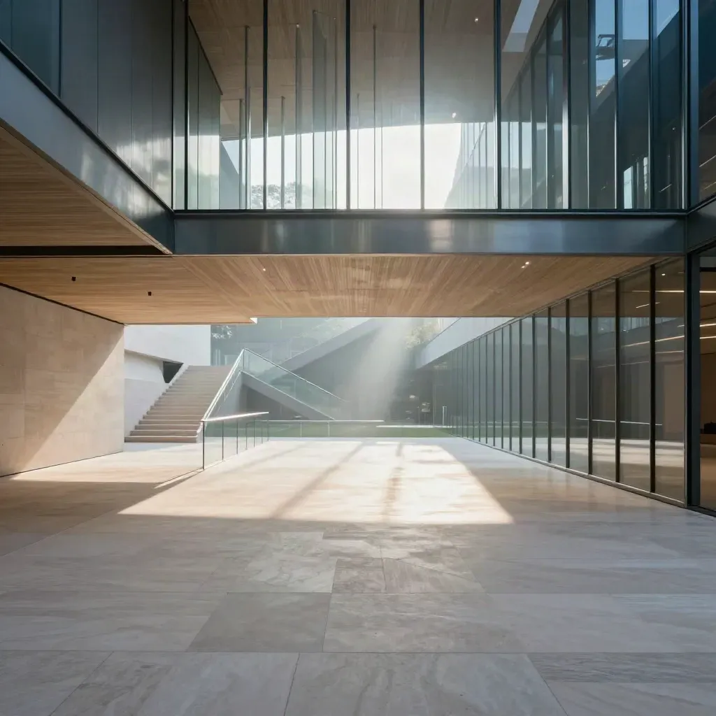 Galerie vitrée contemporaine avec escalier lointain, lumière du matin et espace calme pour texte.