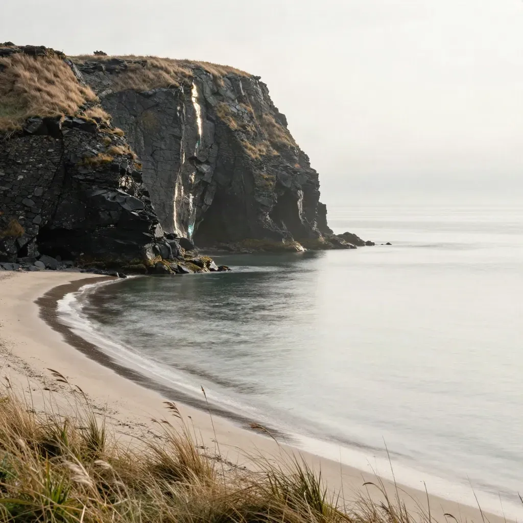 Falaise sombre au bord d’une mer calme, herbes sèches, brume et horizon flou.