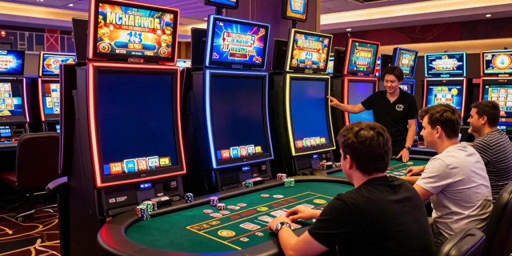 Joueurs heureux dans un Casino Sans dépôts, profitant d'une ambiance animée et colorée.