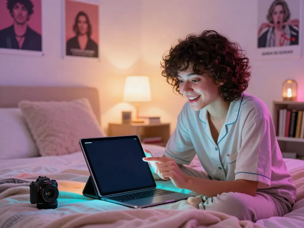 Engaging in ai porn chat on a modern tablet in a cozy bedroom.